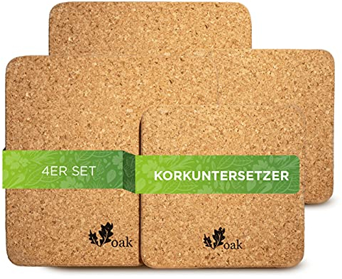 Voak® Topfuntersetzer Korkuntersetzer Set | 4 eckige Kork Untersetzer | 100% Natur Kork Made in Portugal | 20 cm und 15 cm | rutschfeste Unterlage Tischset Abwaschbar Hitzebeständig