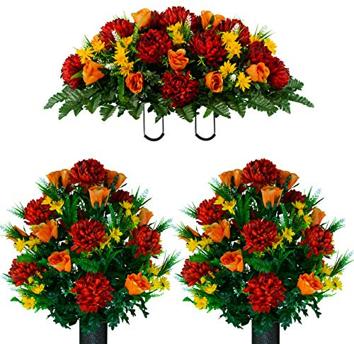 Sympathy Silks Artificial Cemetery Flowers – Realistic Vibrant Roses, Outdoor Grave Decorations - Non-Bleed Colors, and Easy Fit - 2 Burgundy Mum and Orange Rose Bouquets & 1 Saddle