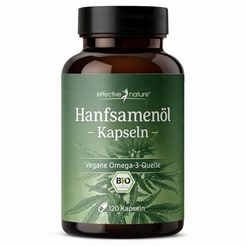 Effective Nature Bio Hanfsamenöl kaltgepresst - 2880mg pro Tag, hochdosiert | Bio-Qualität, pflanzliche Quelle für Omega 3-6-9, vegan, laborgeprüft, ohne Zusätze - 120 Kapseln
