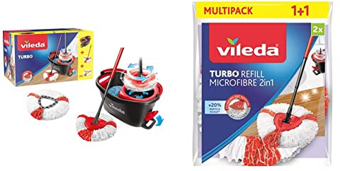 Vileda TURBO Pack Special avec 1 recharge supplémentaire - Balai serpillère en microfibres & Recharge Turbo 2en1, microfibres rouges et blanches - Sachet contenant 2 recharges