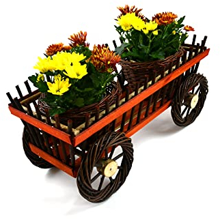MyBer® Blumenwagen Blumenkasten Gartendeko Pflanzenwagen aus Weide mit 4 Rädern und 2 Töpfen braun K3-556