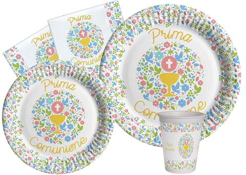 Kit Party Tavola Prima Comunione per 24 persone (112 pezzi: 24 piatti Ø23cm, 24 piatti Ø18cm, 24 bicchieri 200ml, 40 tovaglioli 33x33cm) in carta compostabile eco-friendly