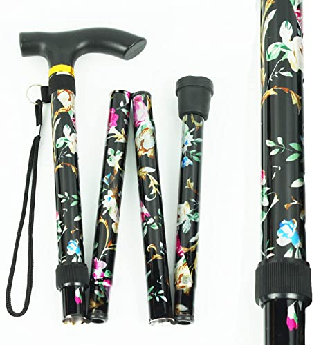 BeGrit Bastone da passeggio donna, Bastone Pieghevole da Passeggio Regolabile, Bastone Elegante, Impugnatura Ergonomica, Leggero, Trasportabile e Durevole, per camminare Floreale di alluminio nero