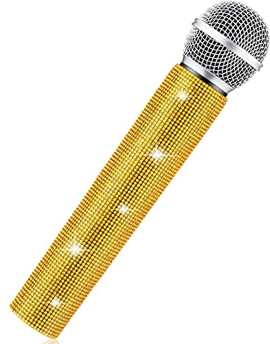 Sanwuta Gefälschte Mikrofon-Requisite, glitzernde Strasssteine, Kunststoff, Spielmikrofon, glitzernd, verzaubertes Mikrofon für Cosplay, Party, Kostüm (Gold)