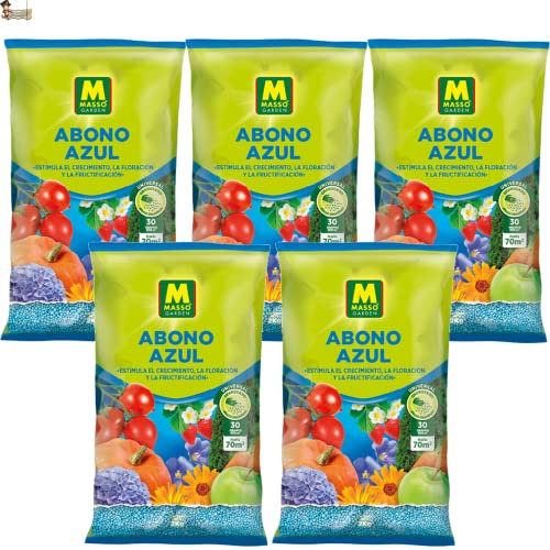 BricoLoco Abono azul universal. ¡¡¡ 10 kgs.(5x2kgs)!!! Plantas interior y exterior, huerto, césped, frutales, cítricos, arbustos, rosales. Granulado. Fertilizante NPK (S) 10-12-18 (11) + azufre (5)