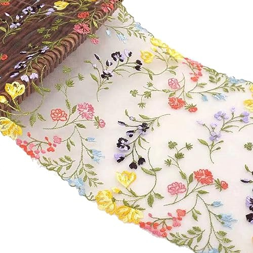 Yurosaiy 1 Yard Blumen Bestickte Spitzenborte 23cm Breite Transparente Tüll Stickerei Spitzen Bunt Blume Blatt Mesh Stickerei Spitzenbesatz Vintage Spitzenband Spitzenbordüre Zum Nähen Beige
