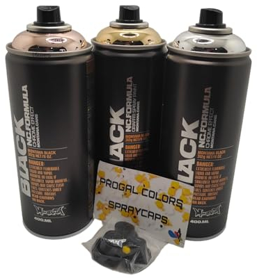 PROGAL COLORS Spraydosen Set Montana Black - Silber, Kupfer und Gold Chrom 3 x 400 ml inkl. + 3 Ersatzsprühköpfe