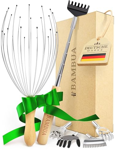 BAMBUA® Geschenkset für Massage und Entspannung - Kopfmassagegerät & Rückenkratzer - Nachhaltiges Wellness Geschenk für Männer und Frauen, inkl. Geschenkverpackung - Ideal zum Verschenken