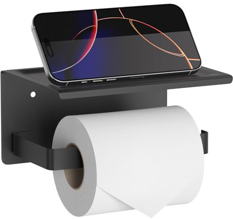 HITSLAM Toilet Roll Holder with Shelf Matte Black, Self Adhesive or Screw Wall Mount Toilet Paper Roll Holder, Rustproof Stainless Steel Toilet Tissue Holder for Bathroom, Kitchen