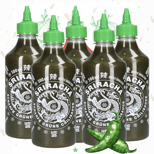 A-One Sriracha Lot de 5 sauces au piment vert 5 x 500 ml – Lot de 5 sauces au piment vert – Fabriqué à partir de piments verts – Idéal pour sushis, salades, barbecues