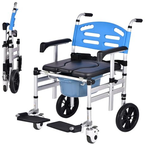 Toilettenstuhl, zusammenklappbarer Dusch-Toilettenrollstuhl mit Armlehnen und Rückenlehne, 3-stufig höhenverstellbar, Nachttisch-Toilettenstuhl für kleine Duschen, Tragkraft: 158 kg