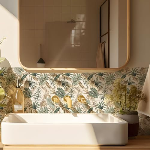 Credence Adhesive Pour Cuisine -Feuilles Tropicales Salle De Bains Et Cuisine Stickers Carrelage, Pvc Imperméable Credence Adhesive Décorative À Carreaux,Stickers Auto-Adhésif 10 Pièces(20x20cm)