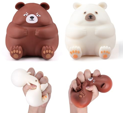 Anboor 2 Stück Bär Squishies Spielzeug, Dehnbarer Stressball, Sensorisches Simulations-Bär-Tier-Fidget-Spielzeug für Kinder und Erwachsene (Weiß & Braun)