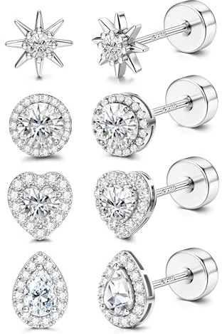 KALVICA 4 par 925 sterling silver stolpe platt baksida knoppörhängen set allergivänliga skruv tillbaka helix brosk snäckörhängen för kvinnor män flickor CZ runt hjärta stjärna smycken guld silver 6 mm