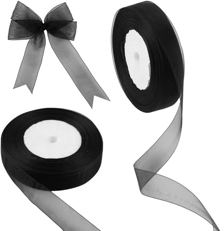 Chiffonband 45mx20mm,2x Schwarz Organzaband zum Basteln, Schleifenband | Transparentes Geschenkverpackung Deko, Tüllband für Hochzeit Taufe Geburtstag