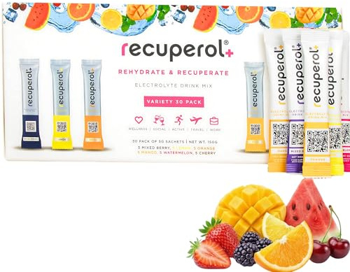 Recuperol Electrolytes Sachets - Rehydration Electrolytes Powder with Zinc, Vitamin C, B12, D3 & Potassium for Hydration - Sugar Free, Vegan & Low Calorie - Variety 30 Pack (6 Natural Flavours)
