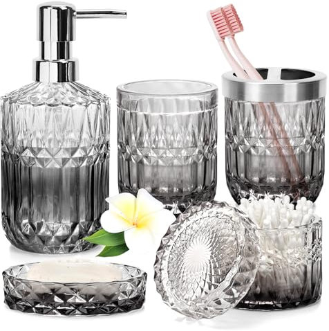 5 Stück Glas Badezimmer Zubehör Sets, Seifenspender Set mit Seifenspender, Seifenschale, Zahnbürstenhalter, Wattestäbchen Kanister, Becher, Badezimmer Deko Set, Badezimmer Organizer