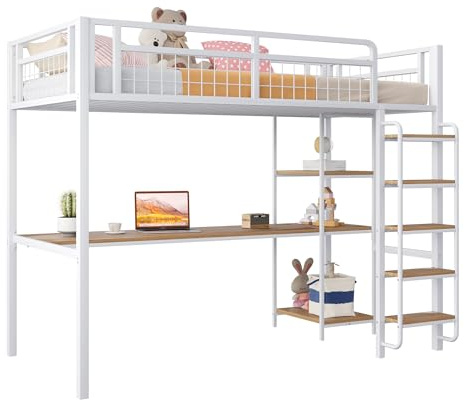Azkoeesy Cama alta con escritorio, escalera, con estante de 3 niveles, protección contra caídas y rejilla, cama doble de metal, cama individual, cama juvenil, para niños y adultos (blanco, 90 x 200)