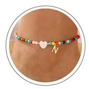 TINGN Fussketten für Frauen - Wasserfest Fußkette Damen Perlen Gold Schmuck Buchstaben N Herz Fußkettchen Bunte Wasserfest Fußschmuck Fussketten Boho Sommer Strand Geschenke für Frauen Geburtstag