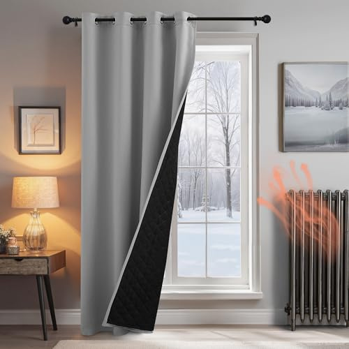 PONY DANCE Single Panel Thermal Door Curtain - Cold Insulated 100% Blackout Curtain for Winter Heavy Duty, Windproof Thermal Insulated Thick Panel for Kitchen/French Door, 52x84 inches, Sliver Grey