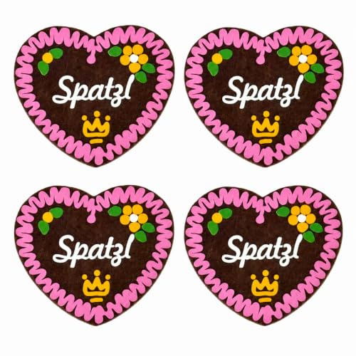 4 Stück Filzherz Herz Anstecker SPATZL Rosa 7 x 6,5 cm – Lebkuchenherz-Design – Oktoberfest Wiesn Volksfest Dirndl Tracht Bayern Trachtenmode Party Accessoire – Hochzeit Geburtstag JGA Fasching