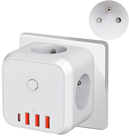 Multiprise Murale 7 en 1, Prise Secteur avec 3 Prises Française 4000W USB C (5v 3A) 3 USB A(5v 2.4A), Cube Chargeur Mural avec Interrupteur Compact pour Bureau Cuisine Chambre Voyage