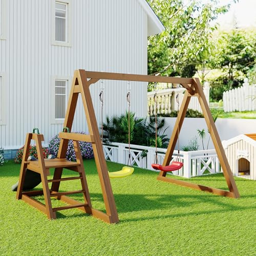 ZHPPED Balançoire Double pour Enfants, balançoire Robuste pour Enfants avec Toboggan et échelle d'escalade, Cadre de balançoire d'extérieur en Bois Massif, 238,5 x 240 x 168,9 cm