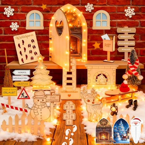 Wichteltür Set mit Licht, Wichtel Zubehör Weihnachten Komplettset Im Dunkeln Leuchten, Wichtel Schablone, Wichtelbriefe, Weihnachtsbaum,Wichtelhaus Weihnachtswichtel Set, Miniatur Wichtelbaustelle