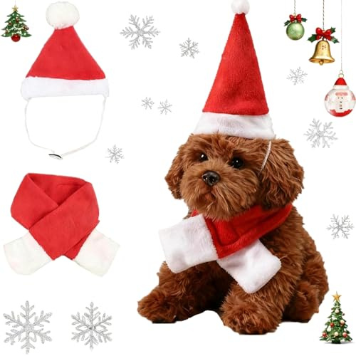 Jecdfs Katze Weihnachtsmütze und Weihnachten Roter Schal,Katzen Hunde Weihnachtskostüm,Justierbare Weihnachtssankt Hut,Schal,Weihnachtskostüm für kleine Hunde & Katzen,für Weihnachtsfeiern und Fotosho