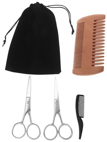 LOORGVEL Kit de Soins pour Barbe Homme avec Ciseaux à Moustache Effilés Ciseaux Arrondis pour Nez Peigne Bois Double-face et Peigne Plastique Léger Portable pour Entretien Quotidien et