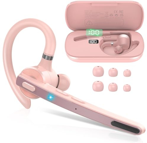 Bluetooth Headset V5.3, Wireless Freisprech Telefon mit CVC 8.0/ENC Dual Mic, APTX, Mute Zwei-Geräte-Verbindung Headset Handy, 90 Std Spielzeit Bluetooth Ohrhörer mit Ladebox für Geschäft/Trucker Rosa