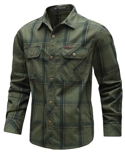 CoXuantion Camicia Uomo a Maniche Lunghe Casual Cotone Camicie Vintage Quadri Giacca Button Down Tops Morbida Workshirt con Taschino XXL,Verde