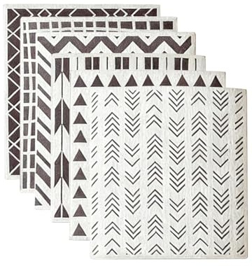 6Pcs Swedish Dishcloth, Biodegradable & Compostable Absorbent Sponge Cloths | Reusable Absorbent Cloths with Black and White Geometric Design for Kitchen and Home Cleaning