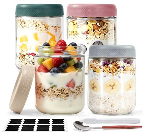 Overnight Oats Jars With Lids, 4 Pack 500ml/16oz Glass Overnight Oats Container With Spoon and Erasable Pen, Wide Mouth Mason Jars Food Storage Container for Homemade Yogurt Oatmeal Salad Jam Pudding