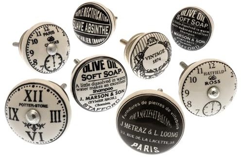 MG-710 Set mit gemischten Schranktürknäufen, schwarz und weiß, Vintage-Stil, Keramik, offizielles Lizenzprodukt, 8 Stück, von Mango Tree