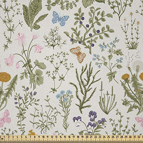 ABAKUHAUS Blumen Stoff als Meterware, Vintage Gartenpflanzen, Microfaser Multi Zweck Dekostoff für Kunsthandwerke, 3M (230x300cm), Reseda Grün Beige Rosa Blau