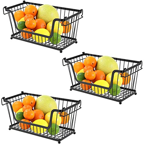 Greenfields® 3 Pack Black Multi-Purpose Stackable Storage Wire Basket Stacking Shelves Fruit Vegetable Kitchen Bathroom Rack Stand Organiser With Handles