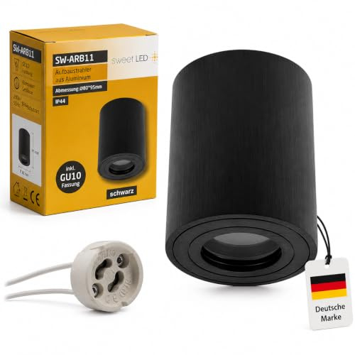 Sweet LED, Foco de montaje, IP44, para baño, lámpara de techo de aluminio resistente a la humedad, 95mm de altura, spot de 230V, lámpara de techo, apto para GU10, luz de trabajo negra y redonda