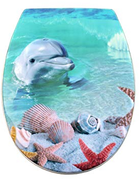 BM 4812 Tavoletta Copriwater Sedile WC Universale Coperchio Toilet Seat Bagno Termoindurente Decorato Motivo Delfino in Mare, Fissaggio dal Basso Cerniere Incluse