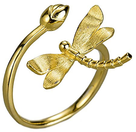 Helen de Lete 925 Sterling Silber Kleine Libelle auf Lotus Bud Verstellbarer Ring (Golden)