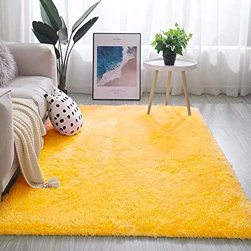 warmsile Weicher Und Bequemer Teppiche Wohnzimmer, Flauschiger Rutschfester Schlafzimmerteppiche, Balkon Und Das Arbeitszimmer Dekorieren, Hochflor Teppich,Gelb,140 x 200 cm