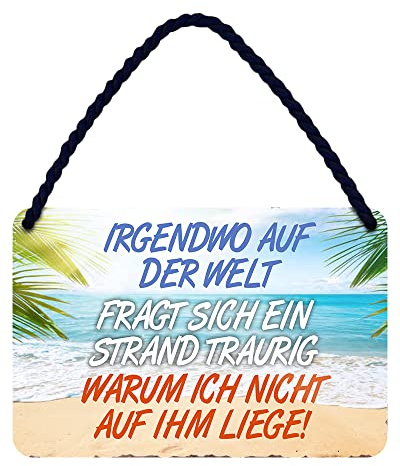 Palmen und Strand Schild mit coolen Spruch - lustiges Deko Metallschild mit Kordel und Saugnapf - tolle Dekoration für Schreibtisch Büro Lieblingsplatz Strandkorb Tiki Beach Bar Partykeller - 18x12cm