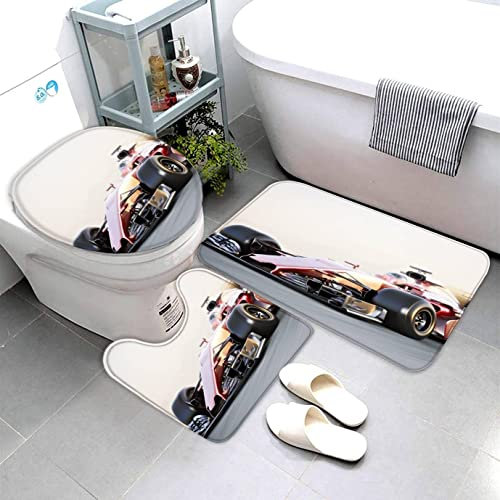 AOLIGL Badezimmermatte Set Auto Sportwagen 3D Drucken Formel Auto Teppich Badezimmer Badgarnitur 3teilig Mikrofaser Bath mat U-förmigen Contour Matte- WC Vorleger 40 x60
