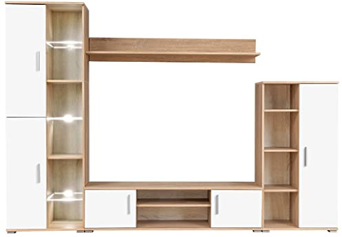 Hommdiy Wohnwand LED-Leuchten Sonoma Eiche Anbauwand Schrankwand TV Wand-Verkleidung Sonoma Eiche und Weiß