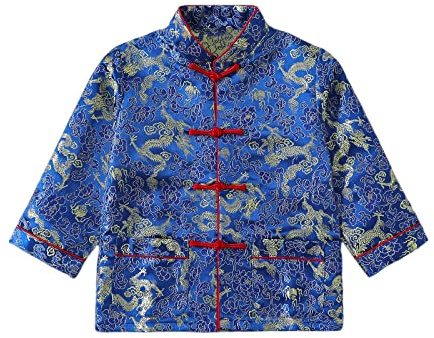 Noubeau Boy Tang Suit Dragon Long Sleeve Shirt Chinese New Year outfit Chinese Traditional Clothes for Kids Winter Jackets Coat(Blue,10-12 Years)