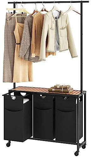 YATINEY Laundry Sorter 3 Section, Rolling Laundry Hamper with Hanging Rack, Laundry Sorter with Wheels, Hampers for Laundry, Laundry Basket Organizer for Laundry Room, Rustic Brown LS37BR