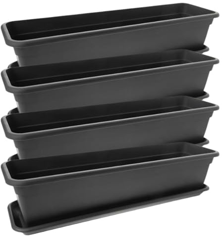 Lot de 4 jardinières de balcon pour balcon 60 cm, anthracite, bac à fleurs, rebord de fenêtre extérieur, jardinières de balcon avec bac à fleurs, soucoupe, jardinières de balcon en plastique,