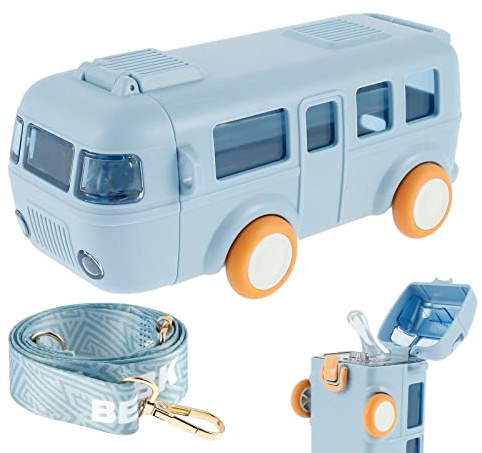 Labstandard Kinder Bus Wasserflasche 500ML Auto Stroh Wasserbecher mit Riemen Auslaufsichere Quadratische Wasserbecher Sommer Cartoon Wasserflasche Spielzeug mit Verschlossene Flip für Schulen (Blau)