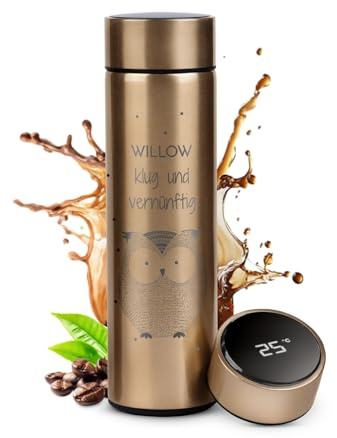 Maverton Thermosflasche mit Gravur 450 ml - Kaffeebecher mit LED-Touch-Anzeige - Thermobecher auslaufsicher 100% dicht - Travel Mug aus Edelstahl für Frauen - Farbe: gold - Eule
