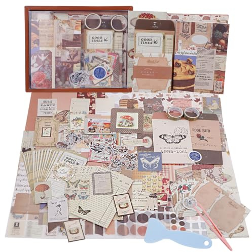 TIE-DailyNec 348 Piezas Scrapbooking Kit, Vintage Papeleria Aesthetic, Stickers Accesorios, Scrapbooking Materiales con Cuaderno A6 y Herramientas DIY para Álbumes de Fotos (Marrón)